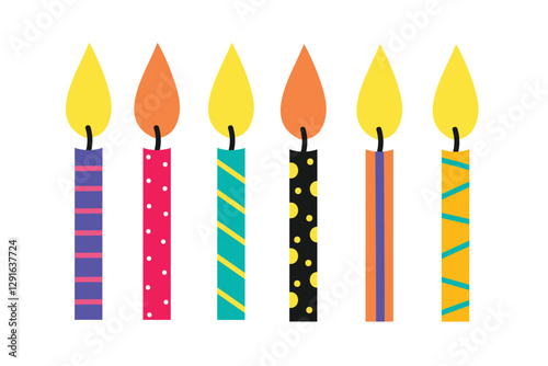 Birthday cake candles with fire flame. Small wax sticks with burning wick isolated on white background. Vector cartoon set of candles for holiday party.