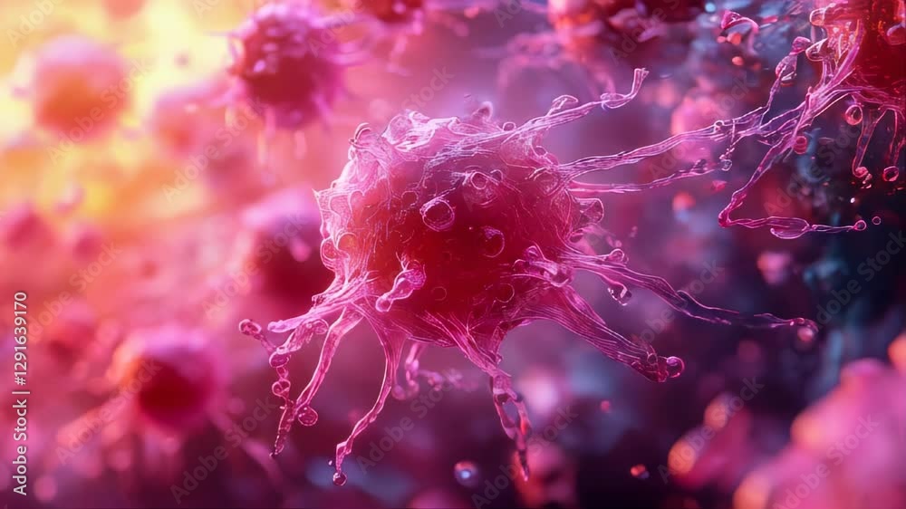 A hyperdetailed microscopic view of cancer cells growing in a biological environment