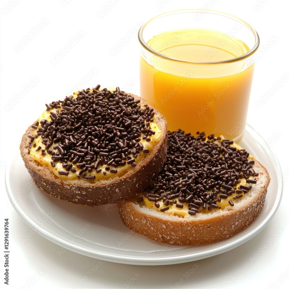 A chocolate sprinkles on buttered bread, served with a glass of orange juice A chocolate sprinkles on buttered bread, served with a glass of orange juice