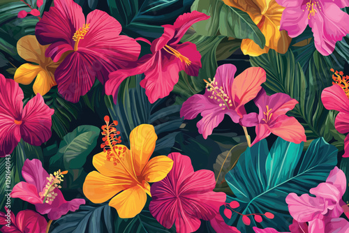 Wallpaper Mural Seamless floral pattern with vibrant tropical flowers background, Flat style vector illustration Torontodigital.ca