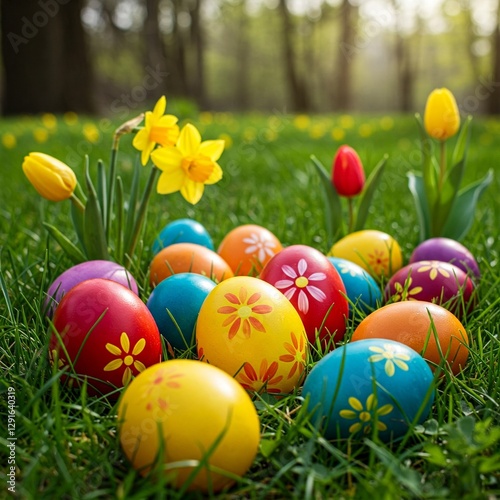 Viele bunt bemalte Ostereier 