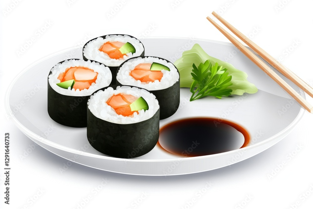 a 2D cartoon illustration of a plate of sushi rolls with soy sauce, fresh and delicious, white background a 2D cartoon illustration of a plate of sushi rolls with soy sauce, fresh and delicious, white background