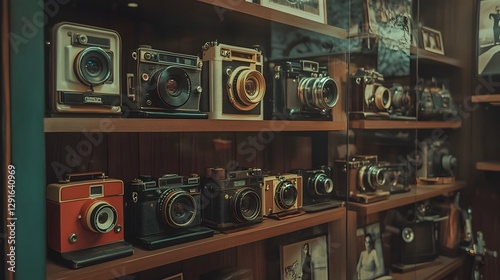 Vintage Camera Collection: A detailed indoor shot capturing a collection of vintage cameras displayed on wooden shelves, evoking a sense of nostalgia and a passion for photography.
