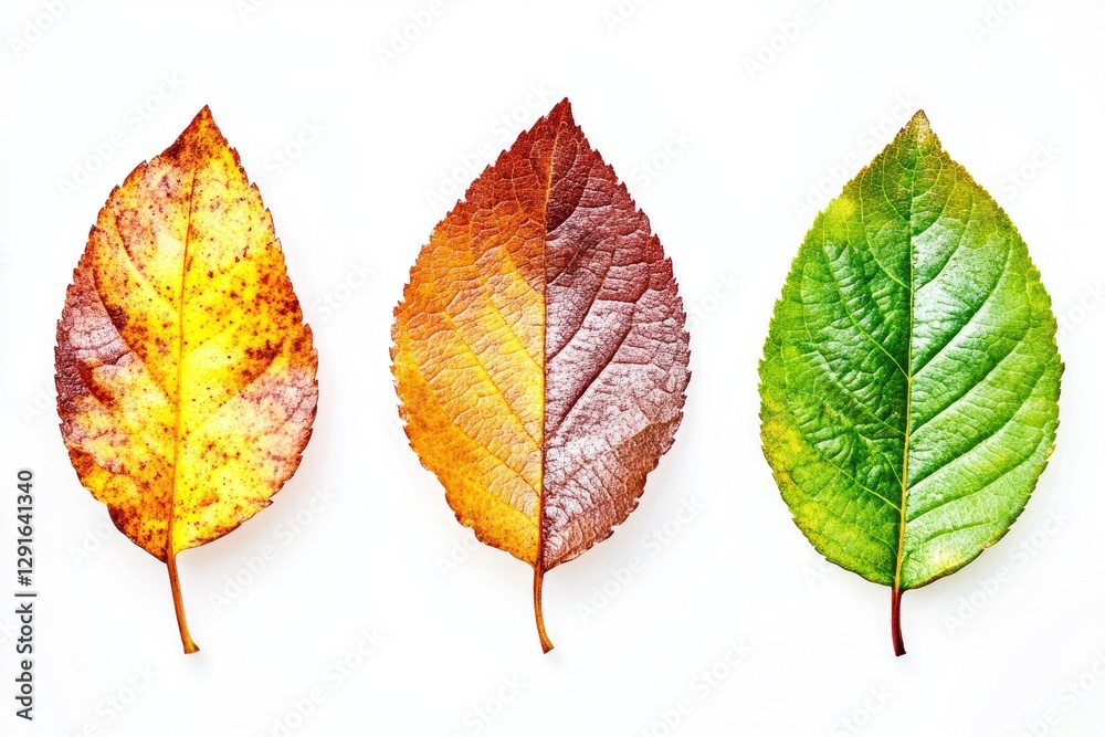 Fototapeta premium A set of four leaves showing seasonal changes from spring to autumn, isolated
