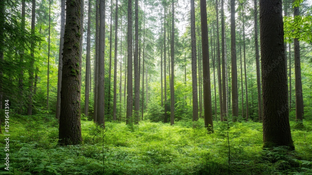 Lush Dense Forest with Tall Trees and Vibrant Undergrowth Bathed in Soft Natural Light Lush Dense Forest with Tall Trees and Vibrant Undergrowth Bathed in Soft Natural Light