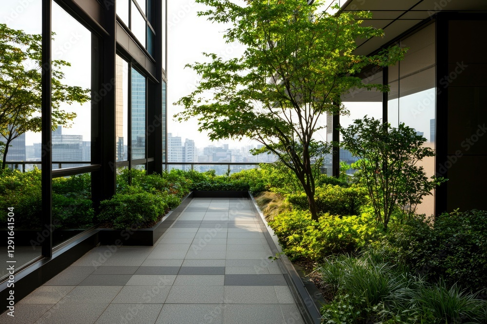 Rooftop garden pathway, city view, modern building, tranquility Rooftop garden pathway, city view, modern building, tranquility