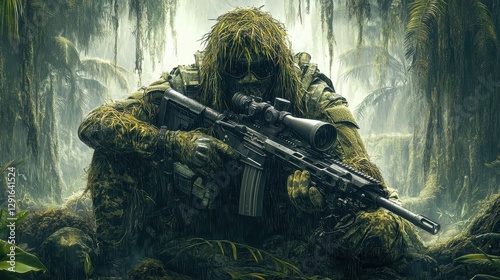 Camouflaged Sniper Waiting In The Tropical Rainforest
