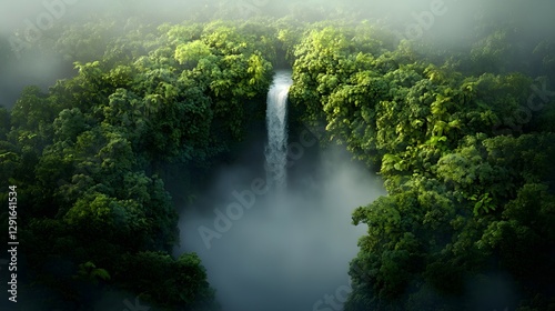 Majestic waterfall cascading on both sides surrounded by lush green foliage and a misty ethereal atmosphere creating a serene and enchanting natural paradise