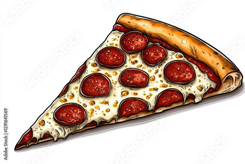 a 2D cartoon illustration of a slice of pizza with pepperoni and cheese, cheesy and tasty, white background