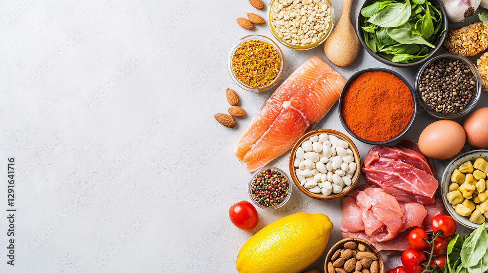 Diverse Food Selection on White Backdrop Displaying Nutritious Cooking Ingredients and Fresh Produce Diverse Food Selection on White Backdrop Displaying Nutritious Cooking Ingredients and Fresh Produce