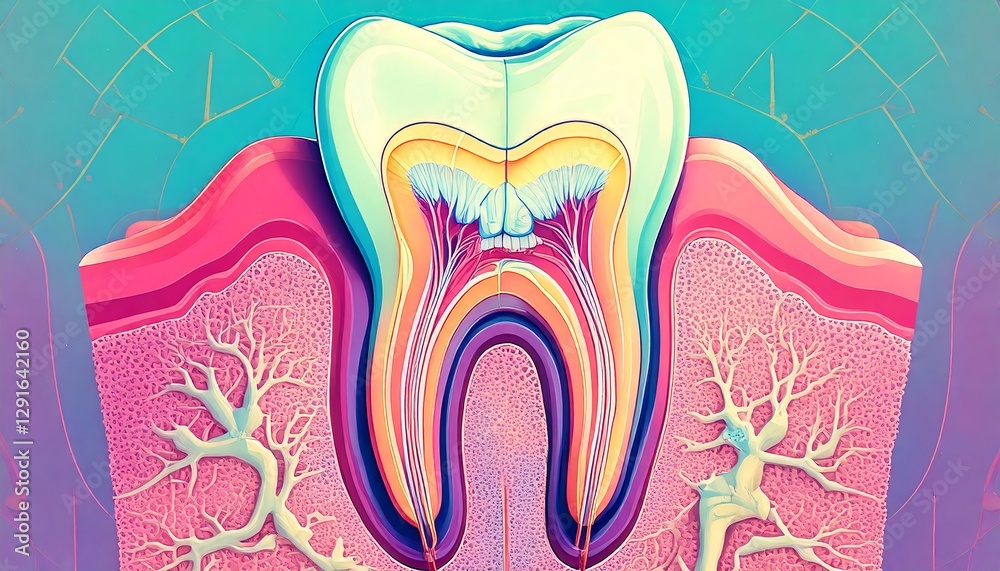 Detailed 3D Render of Human Tooth Anatomy Showing Enamel Dentin Pulp and Gum Tissue Detailed 3D Render of Human Tooth Anatomy Showing Enamel Dentin Pulp and Gum Tissue