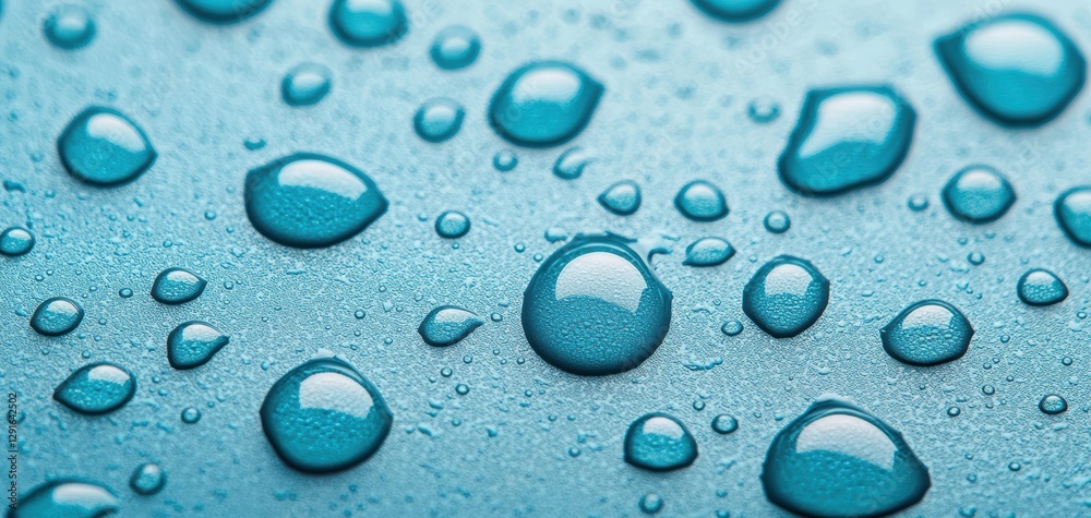 Close-up image of water droplets on a smooth blue surface, showcasing their round shapes and reflections, creating a serene and refreshing visual effect. Close-up image of water droplets on a smooth blue surface, showcasing their round shapes and reflections, creating a serene and refreshing visual effect.