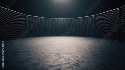 A dimly lit MMA cage with a metallic fence, showcasing the fighting arena's raw and intense atmosphere.