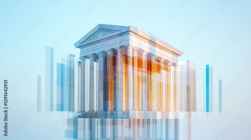 Modern Conceptual Illustration of Financial Clearinghouse with Abstract Architecture and Transaction Processing Elements Modern Conceptual Illustration of Financial Clearinghouse with Abstract Architecture and Transaction Processing Elements