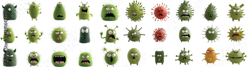 A vector set of dynamic 3D-rendered cartoon viruses, all green and comical with furious expressions