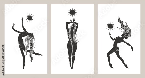 Silhouettes of dancing women with a symbol of the sun on a white background. Set of mystical posters. Wall art, wall decor. 