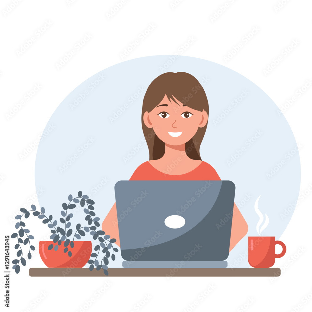 Woman working on laptop at home. Freelance, remote work, freelance concept. Flat style illustration. Woman working on laptop at home. Freelance, remote work, freelance concept. Flat style illustration.