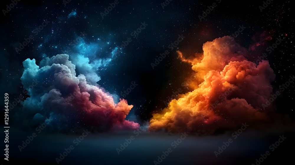 Obraz premium Mesmerizing Cosmic Nebula Vibrant Celestial Clouds in Mystical Galaxy Sky Captivating digital of a dramatic colorful cosmic landscape with swirling luminous gas clouds in a dark infinite space