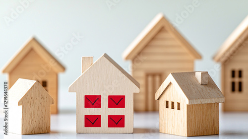 Miniature Wooden House Models Displaying Property Investment and Real Estate Concepts on a White Surface photo