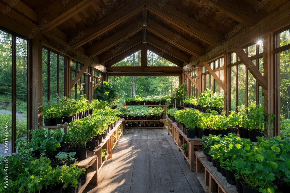 Sunlit greenhouse filled with potted plants Sunlit greenhouse filled with potted plants