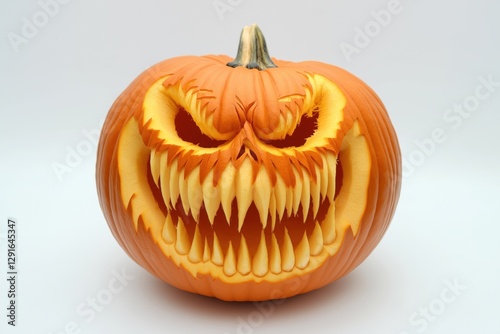 Spooky carved pumpkin for halloween decoration on white background photo