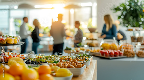 A diverse and appetizing buffet table with fresh fruits, nuts, salads, and snacks at a catering event or conference. photo