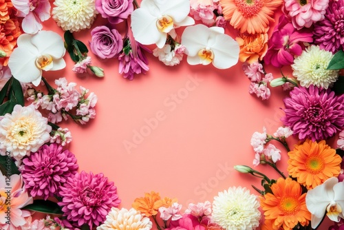 Wallpaper Mural Vibrant Floral Frame with Colorful Roses, Orchids, and Gerbera Daisies on Coral Background Torontodigital.ca
