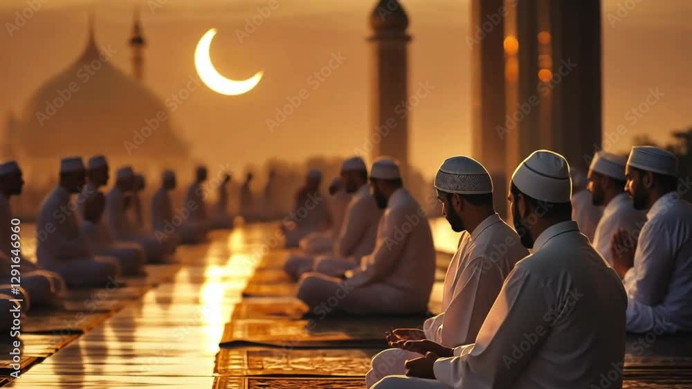 Muslim Men Praying at Mosque During Sunset – Ramadan, Islamic Worship, and Spiritual Devotion