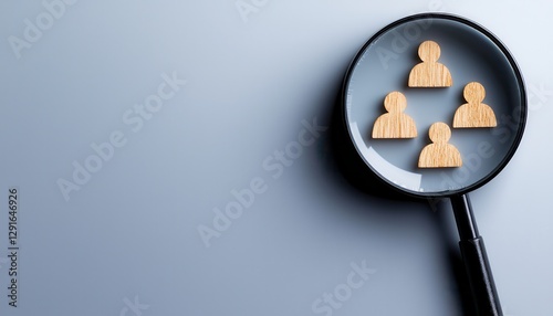 Magnifying glass over wooden figures representing teamwork and collaboration.