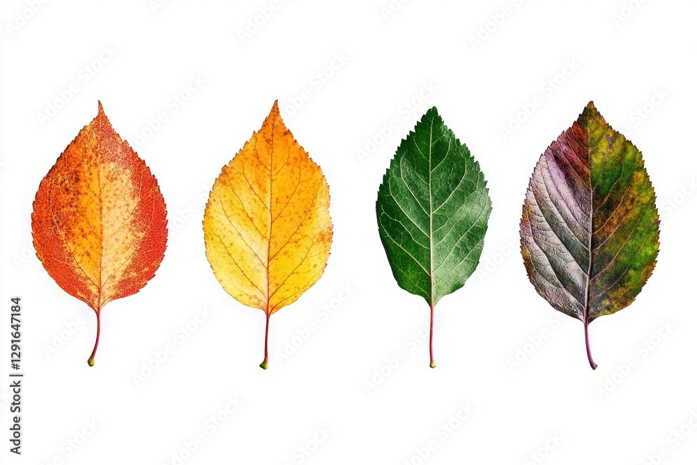 A set of four leaves showing seasonal changes from spring to autumn, isolated A set of four leaves showing seasonal changes from spring to autumn, isolated
