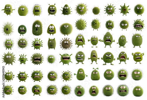 A professionally designed set of 3D cartoon virus illustrations, each in a cute and funny style, featuring green spiky bodies with exaggerated facial expressions