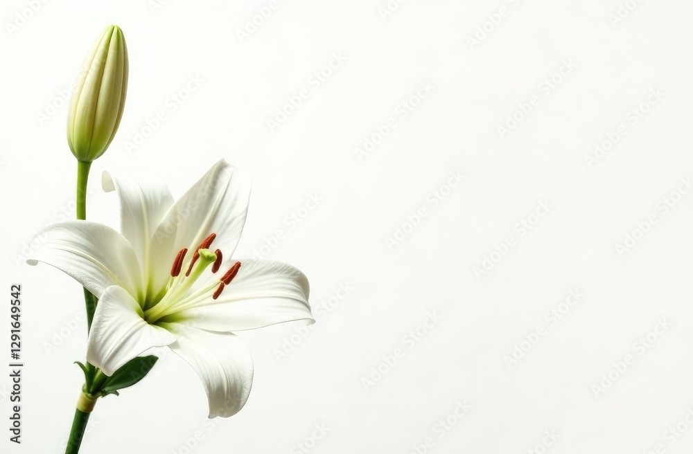 Fototapeta premium white lily flowers banner. White lily flower on white background. Floral wedding card, celebration, invitation, farewell greeting, condolence
