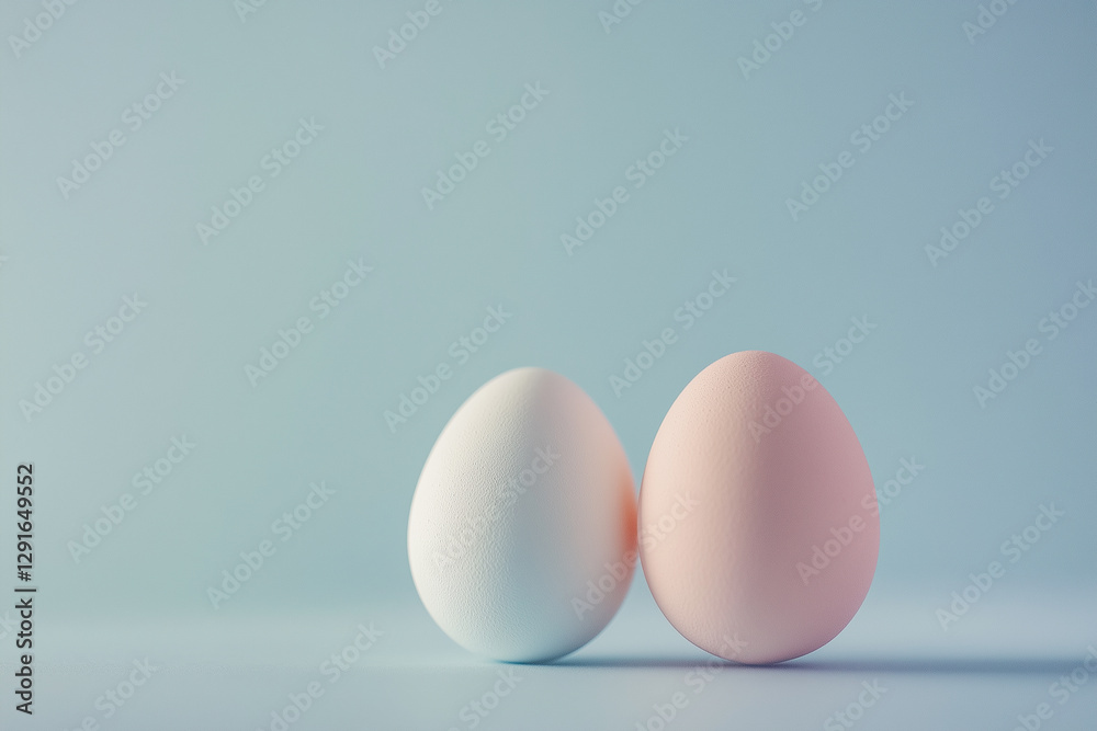Softly colored eggs, one white and the other pink, rest closely together against a gentle blue backdrop. Their smooth surfaces reflect a serene atmosphere of simplicity and elegance. Softly colored eggs, one white and the other pink, rest closely together against a gentle blue backdrop. Their smooth surfaces reflect a serene atmosphere of simplicity and elegance.