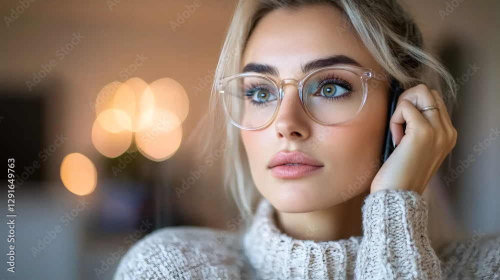 Young woman wearing eyeglasses and a white sweater is making a phone call while working from home