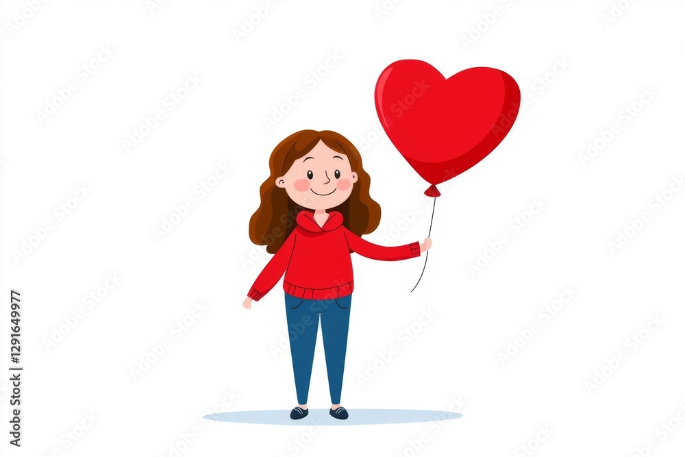 a 2D cartoon illustration of a person holding a heart-shaped balloon on Valentine's Day, cute and loving, white background a 2D cartoon illustration of a person holding a heart-shaped balloon on Valentine's Day, cute and loving, white background
