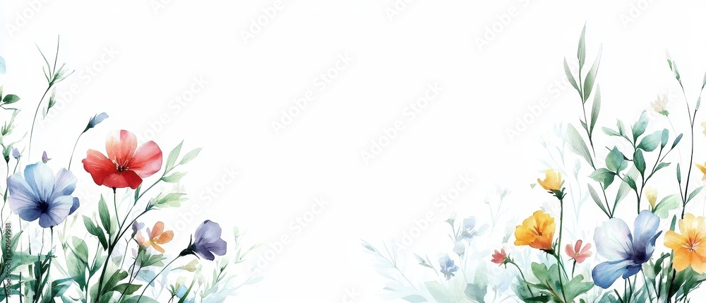 Fototapeta premium Happy Spring Flowers Background. Vibrant watercolor flowers arranged at the edges of a blank space.