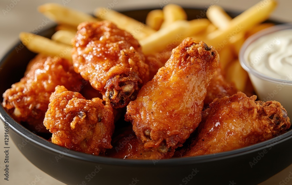 Crispy Chicken Wings with Golden French Fries Served in a Bowl with Creamy Dipping Sauce for Delicious Snack or Appetizer Experience Crispy Chicken Wings with Golden French Fries Served in a Bowl with Creamy Dipping Sauce for Delicious Snack or Appetizer Experience