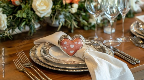 Love-themed table setting with a heart-shaped napkin ring