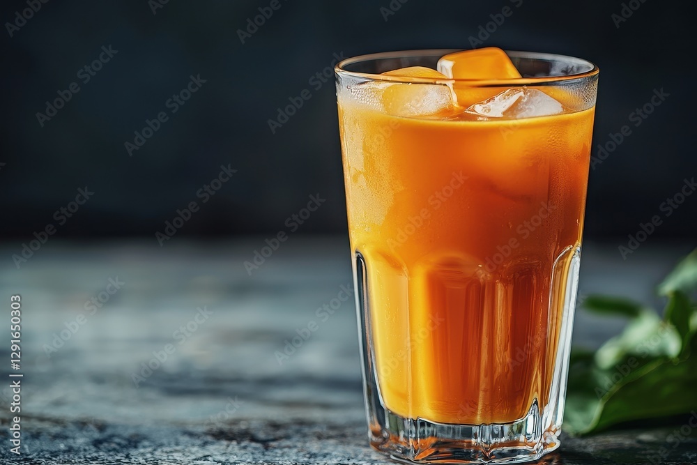 A refreshing orange drink with ice cubes in a clear glass, set against a dark background. A refreshing orange drink with ice cubes in a clear glass, set against a dark background.