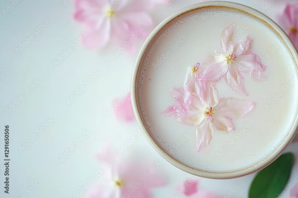 A serene bowl of milk with delicate pink flower petals floating on top, surrounded by additional petals, creating a calming, aesthetic display. A serene bowl of milk with delicate pink flower petals floating on top, surrounded by additional petals, creating a calming, aesthetic display.