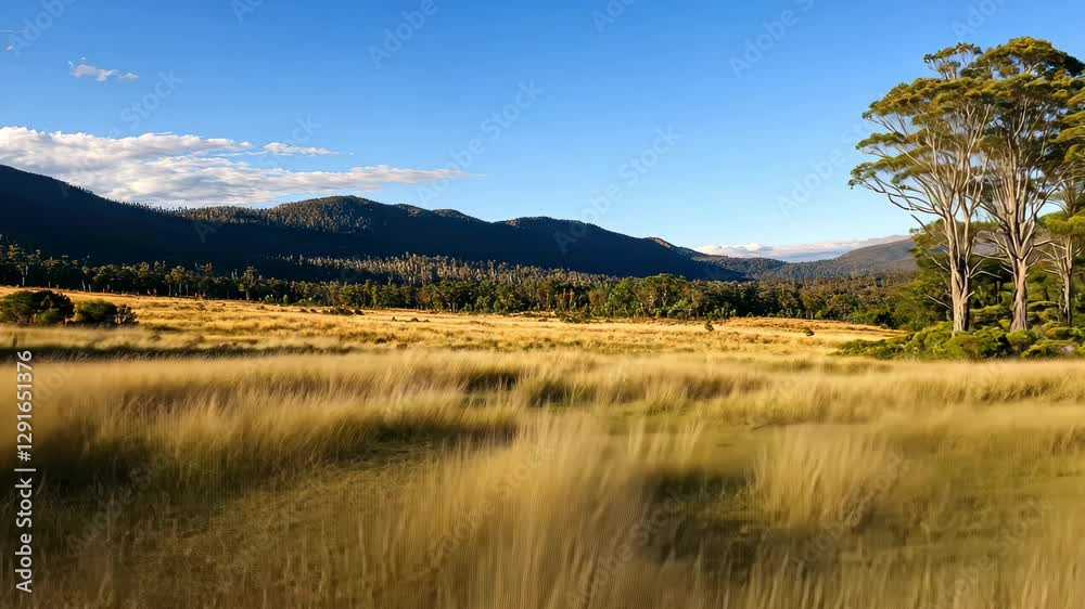 Tasmania Bush Reeds Expansive grassland with bush forest in the central plateau of Tasmania ...