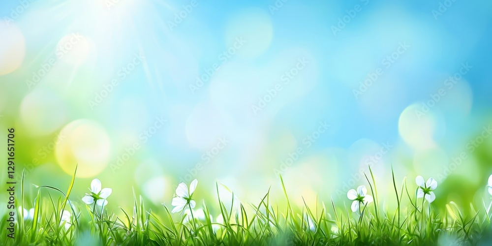 Obraz premium Happy Spring Flowers Background. Vibrant green grass with delicate flowers under a bright blue sky.
