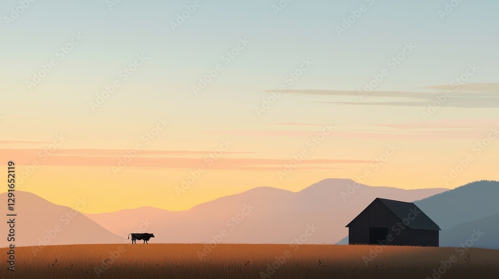 Serene Landscape of a Sprawling Ranch at Dusk with Cattle Grazing Near a Barn