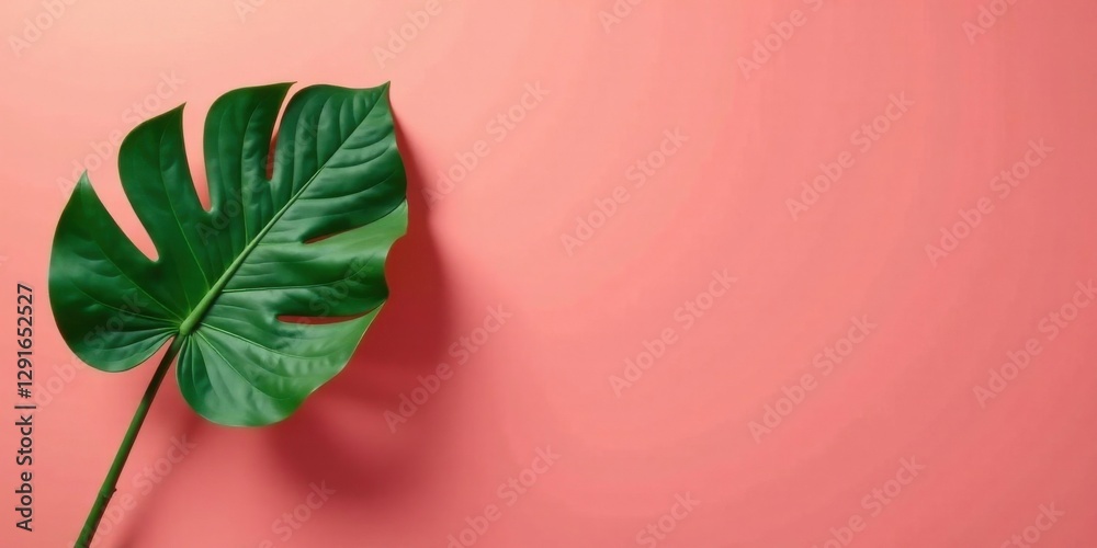 A single vibrant green tropical leaf against a soft coral background provides a simple yet elegant design element for various applications, perfect for adding a touch of nature to your projects. A single vibrant green tropical leaf against a soft coral background provides a simple yet elegant design element for various applications, perfect for adding a touch of nature to your projects.