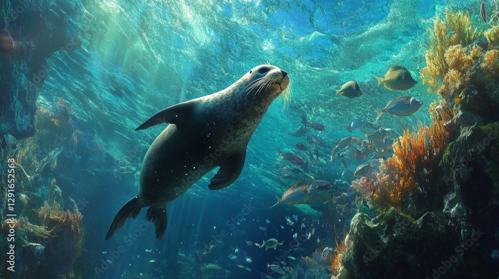 A seal underwater, with a school of fish swimming alongside in a tropical ocean A seal underwater, with a school of fish swimming alongside in a tropical ocean