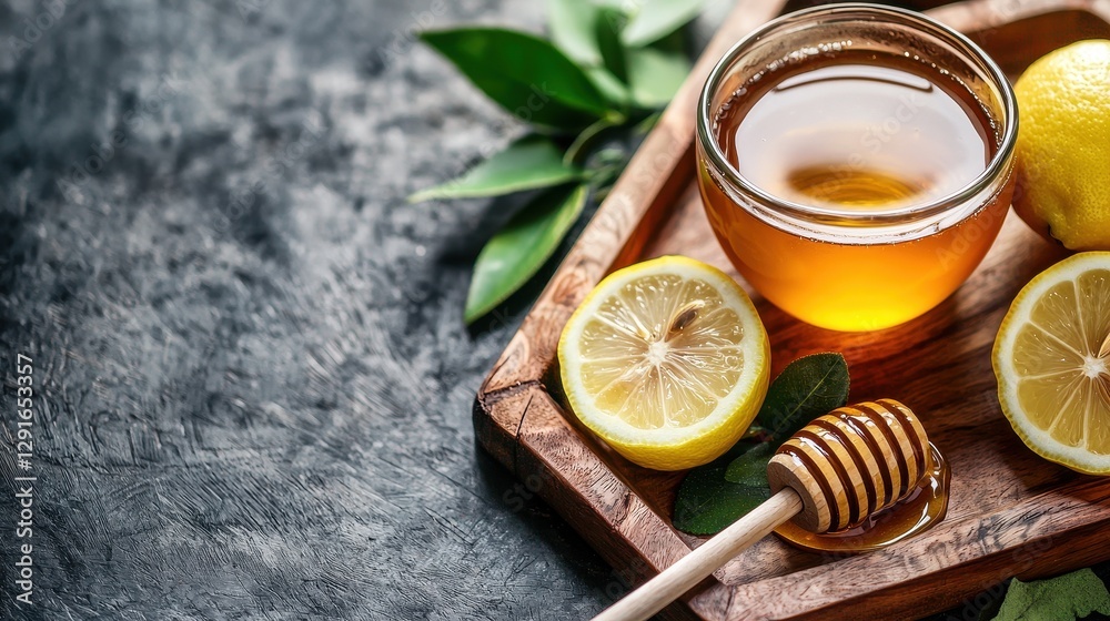 A wooden tray holds a bowl of honey, fresh lemon slices, and green leaves, creating a vibrant and natural composition. A wooden tray holds a bowl of honey, fresh lemon slices, and green leaves, creating a vibrant and natural composition.