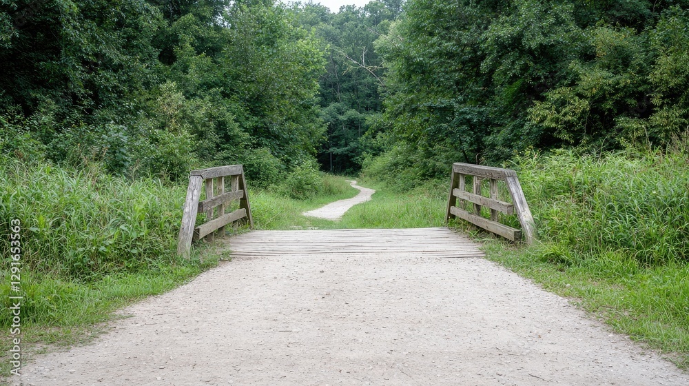 Peaceful forest trail leading over a small wooden bridge. Possible use Nature background, travel brochure, social media post Peaceful forest trail leading over a small wooden bridge. Possible use Nature background, travel brochure, social media post