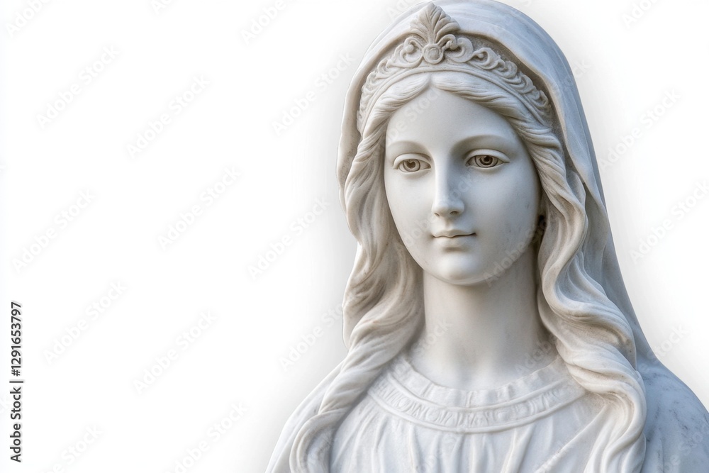 A marble statue of an ancient Greek woman, wearing traditional attire and a veil with long hair, looking straight ahead on a white background A marble statue of an ancient Greek woman, wearing traditional attire and a veil with long hair, looking straight ahead on a white background