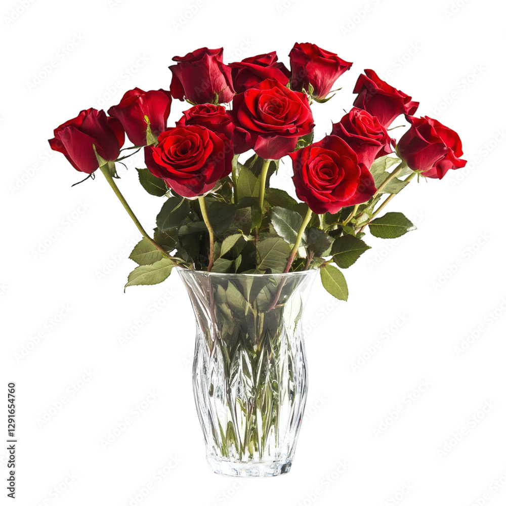 A Glass Vase with Vibrant Red Roses Isolated on Transparent Background A Glass Vase with Vibrant Red Roses Isolated on Transparent Background