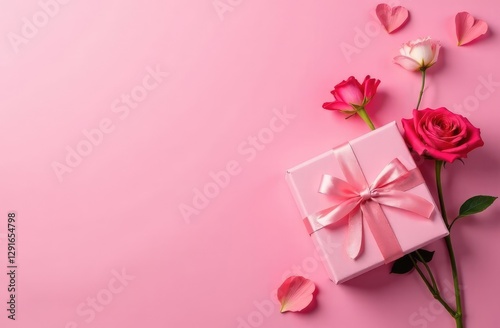 Gift box and flowers top view empty copy space background. Mother's day backdrop. Valentine's card. Pink romantic greeting blank.Women's day.Birthday